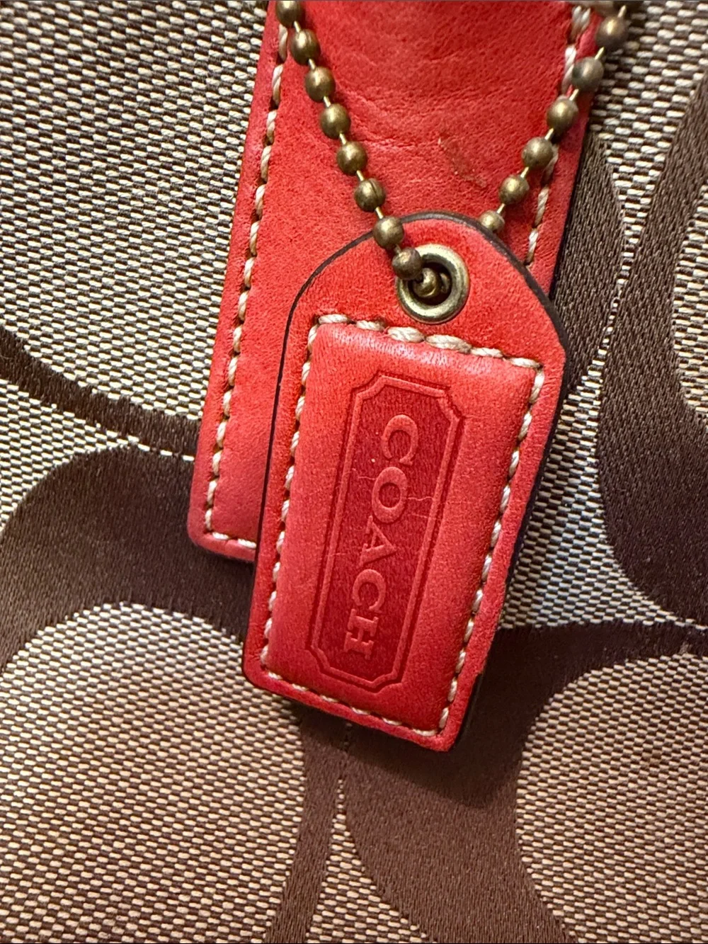 Coach Beige Signature Satchel with Coral Leather Trim and Coral Scarf